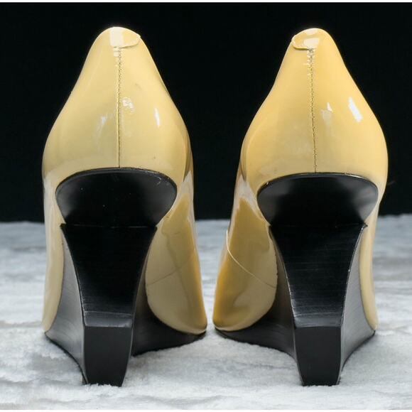 Pour La Victoire Tan Patent Leather Open Toe Wedge Wooden Heel Womens Size 10 - Picture 5 of 16